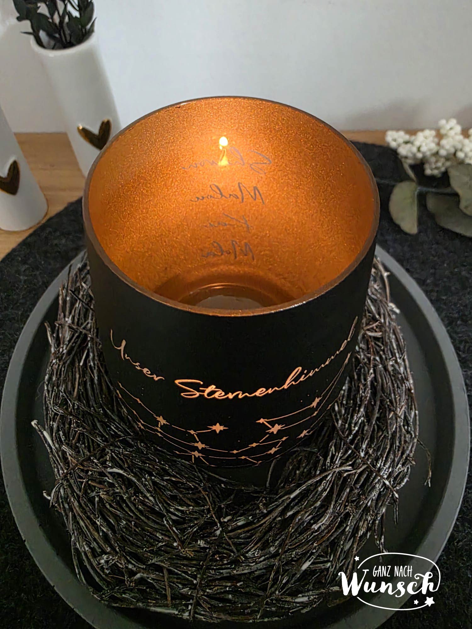 Personalisiertes Windlicht | Jubiläum | Gravur | Jahrestag | Erinnerungslicht | Familie | Geschenk zum Geburtstag | Sternzeichen | Deko