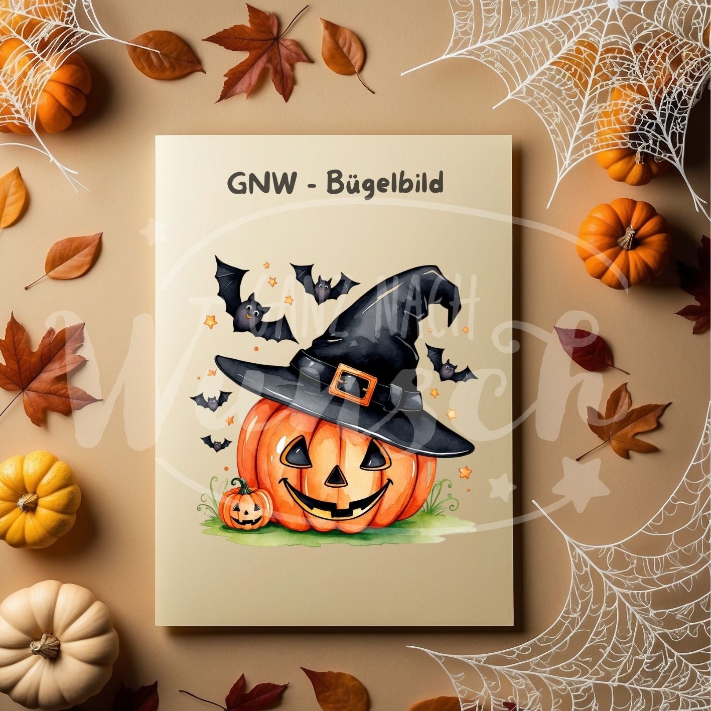 Bügelbild - Kürbis mit Hexenhut und Fledermäusen - Magisch & Spooky - GNW_600006