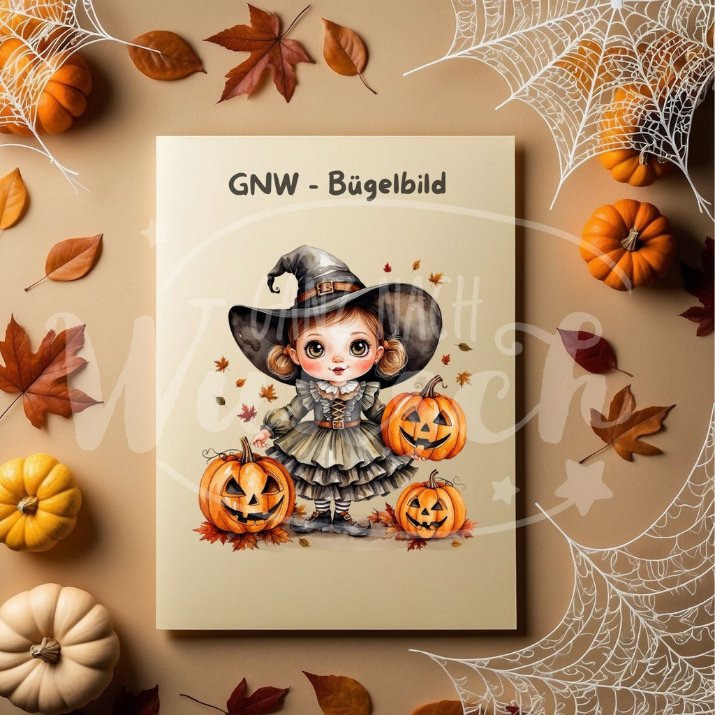 Bügelbild - Süßes Hexenmädchen mit Kürbissen - Niedlich & Charmant - GNW_600010