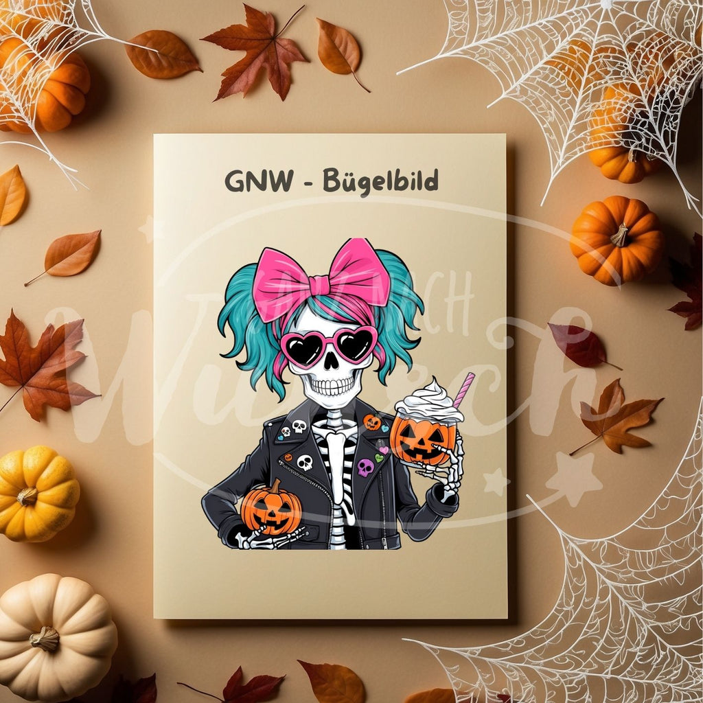 Bügelbild - Skelettmädchen mit bunten Zöpfen und Kürbis - Gruselig & Süß - GNW_600017