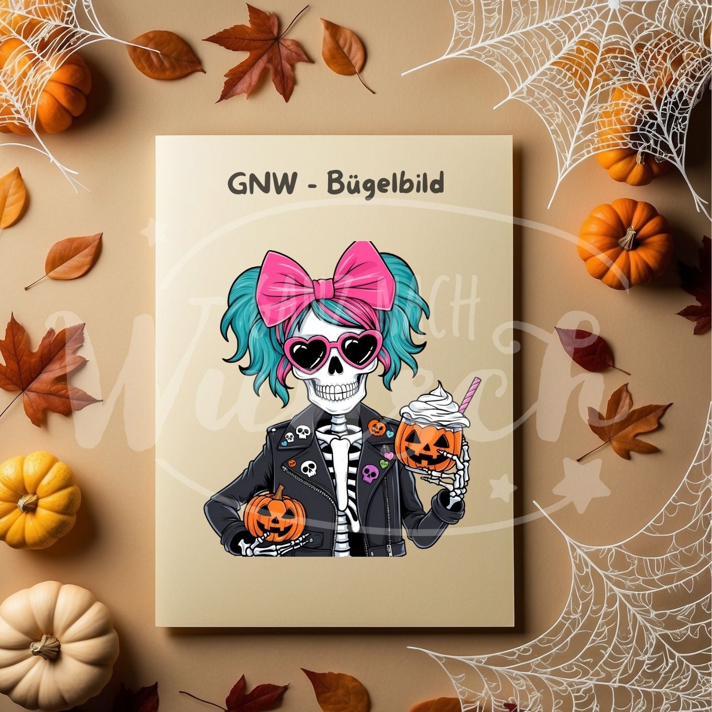 Bügelbild - Skelettmädchen mit bunten Zöpfen und Kürbis - Gruselig & Süß - GNW_600017