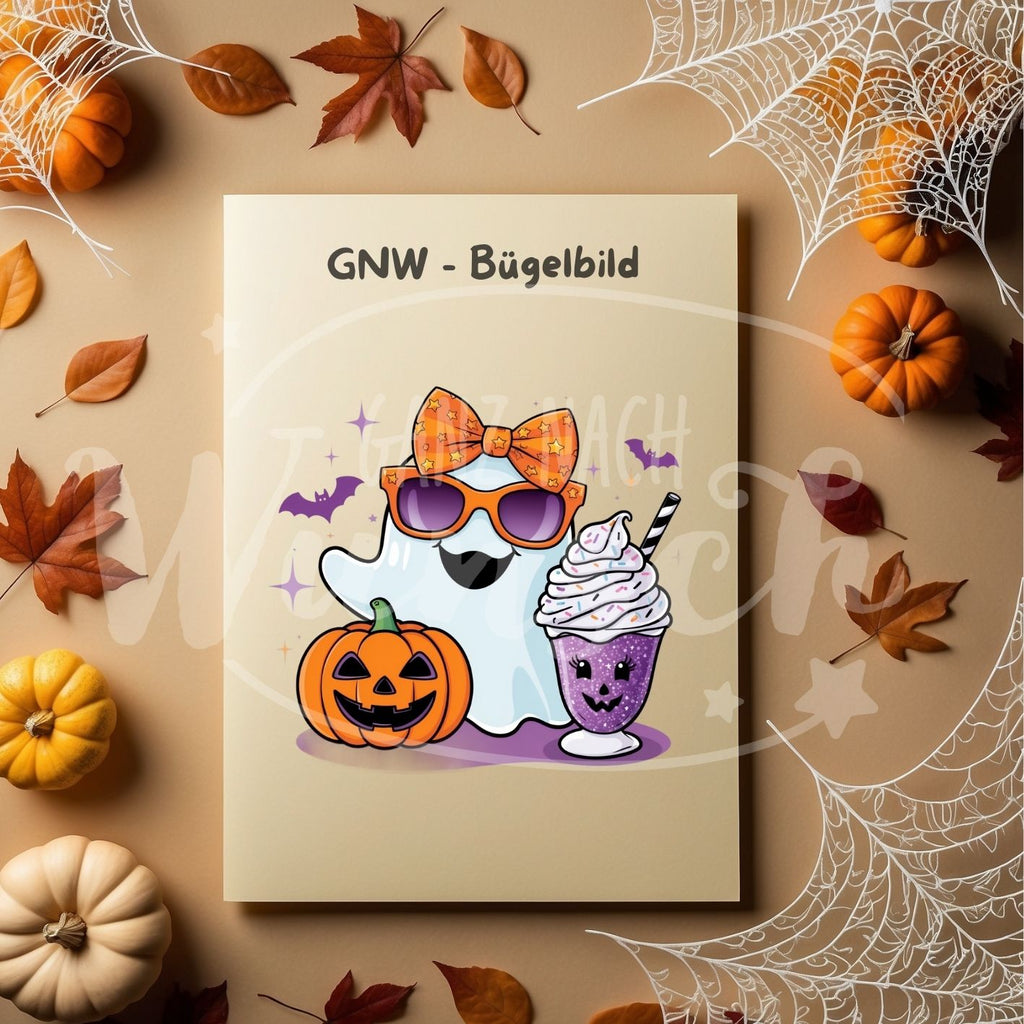 Bügelbild - Cooler Geist mit Shake und Kürbis - Süß & Stylisch - GNW_600023