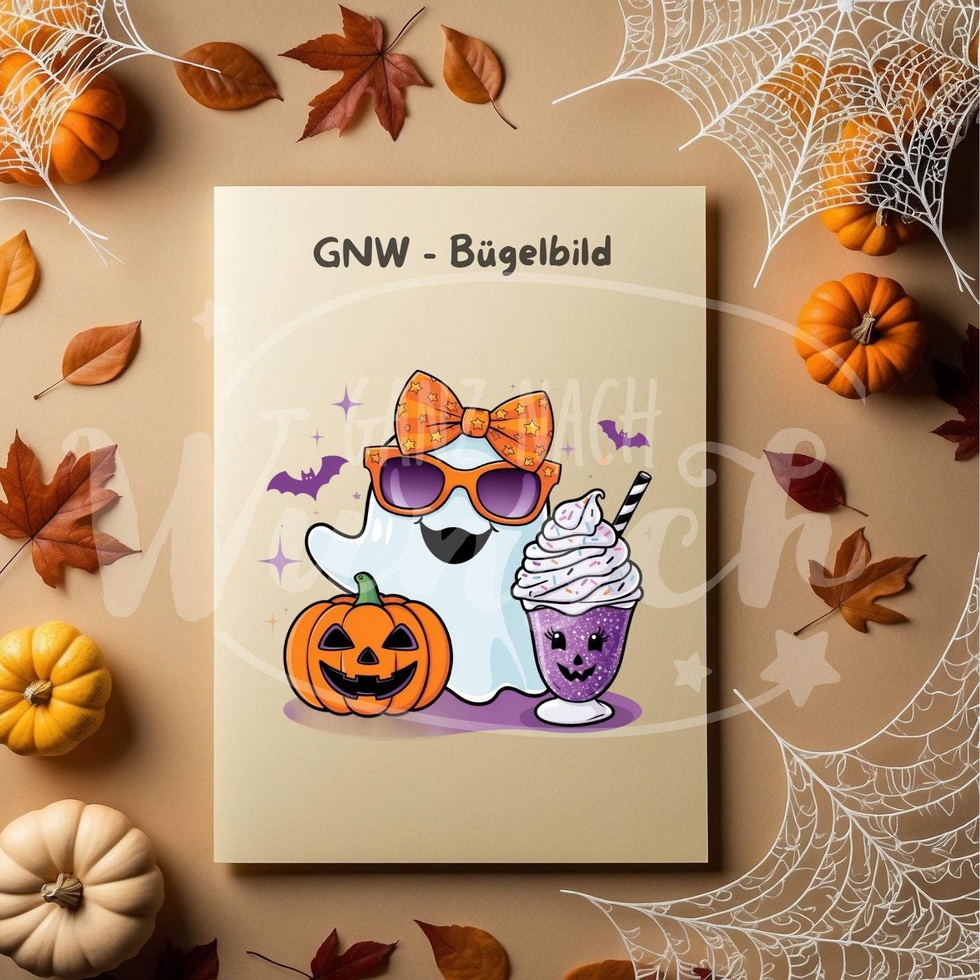 Bügelbild - Cooler Geist mit Shake und Kürbis - Süß & Stylisch - GNW_600023