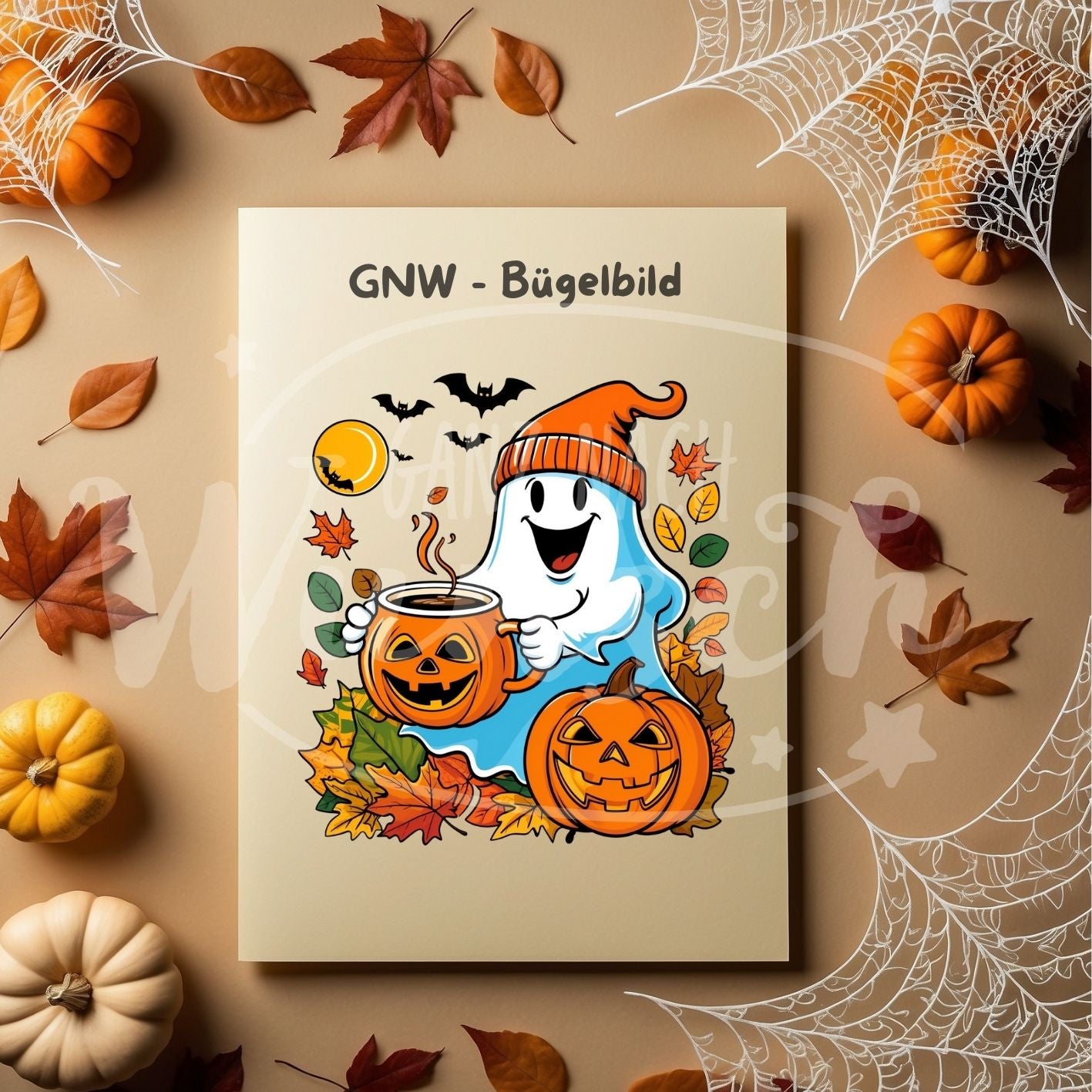 Bügelbild - Fröhlicher Geist mit Kürbissen - Lustig & Spooky - GNW_600040