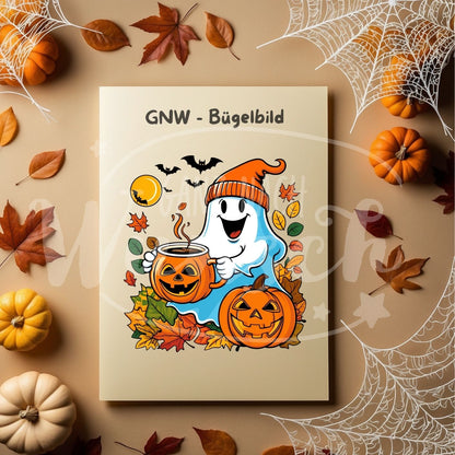 Bügelbild - Fröhlicher Geist mit Kürbissen - Lustig & Spooky - GNW_600040