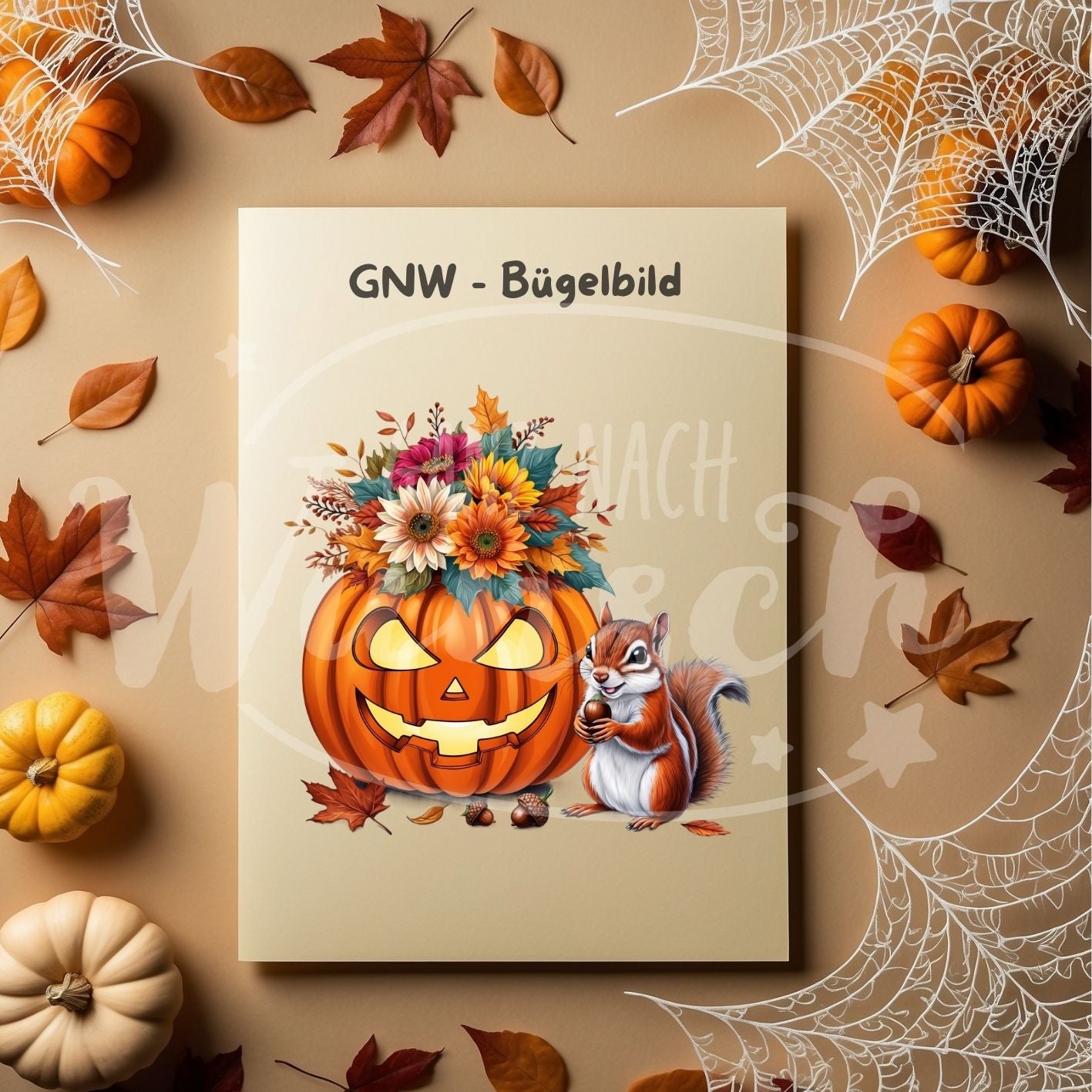 Bügelbild - Kürbis mit Blumen und Eichhörnchen - Fröhlich & Herbstlich - GNW_600046