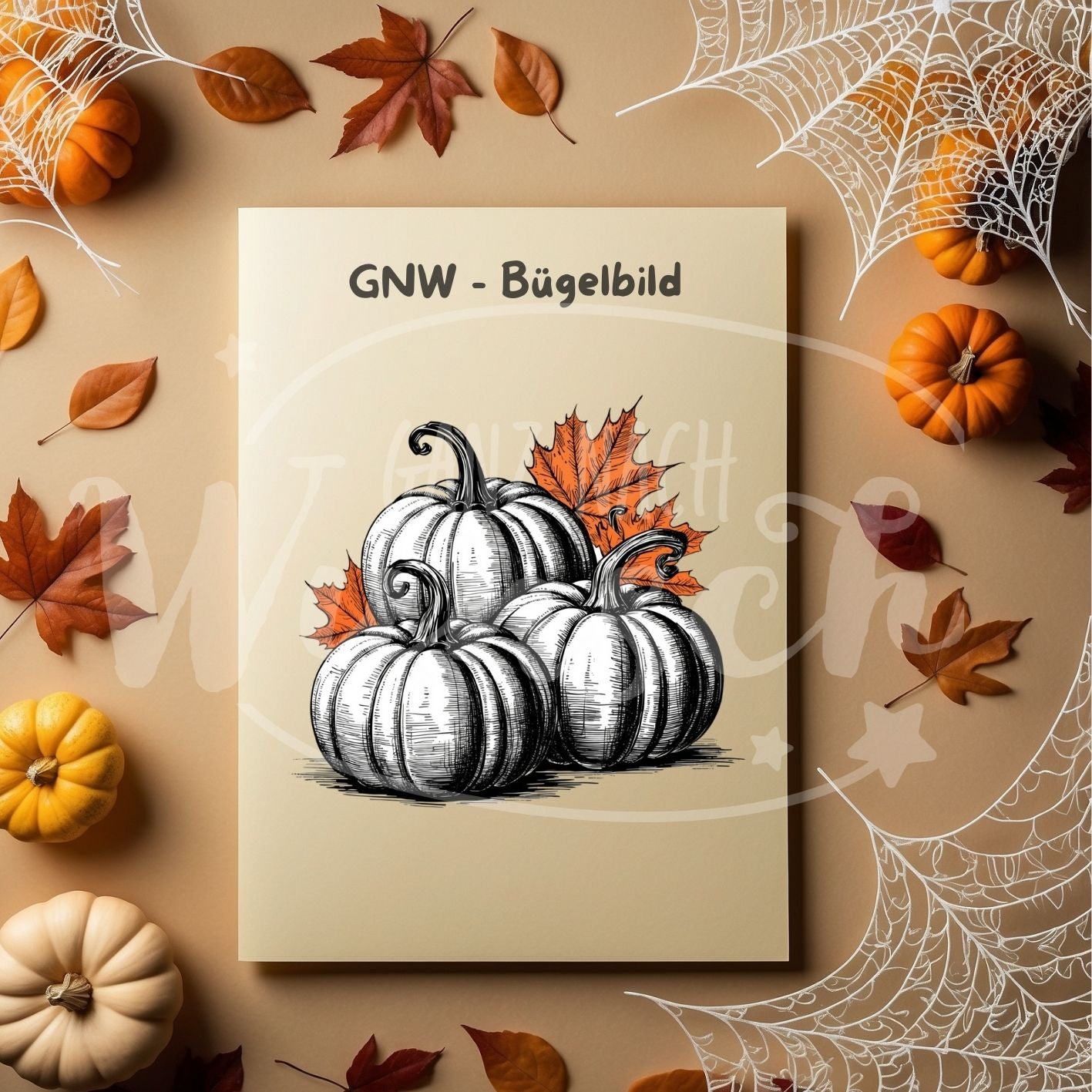 Bügelbild - Schwarz-weiße Kürbisse mit Blättern - Elegant & Rustikal - GNW_600066