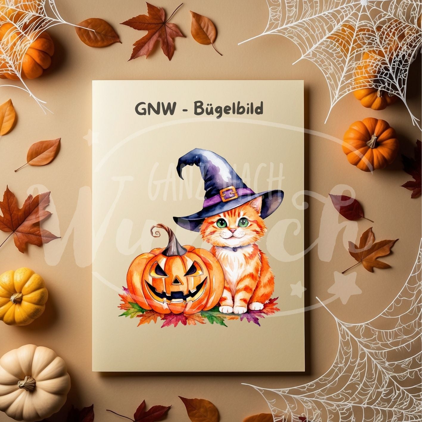 Bügelbild - Kätzchen mit Hexenhut und Kürbis - Verspielt & Magisch - GNW_600082