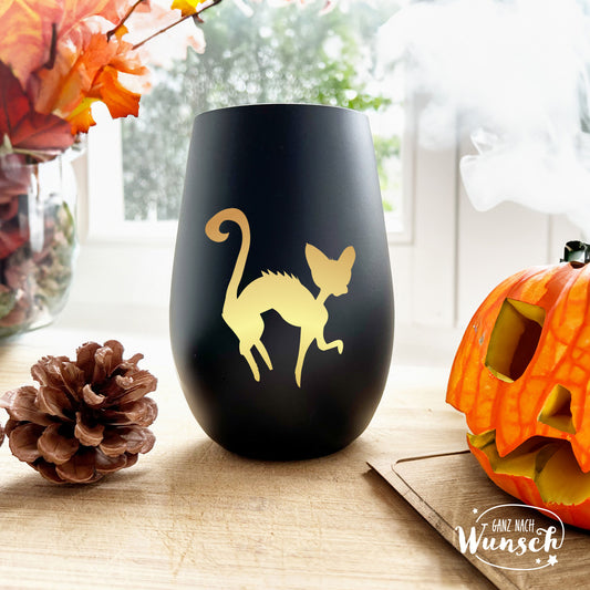 Halloween - Gruselige Katze mit Katzenbuckel - Graviertes Windlicht