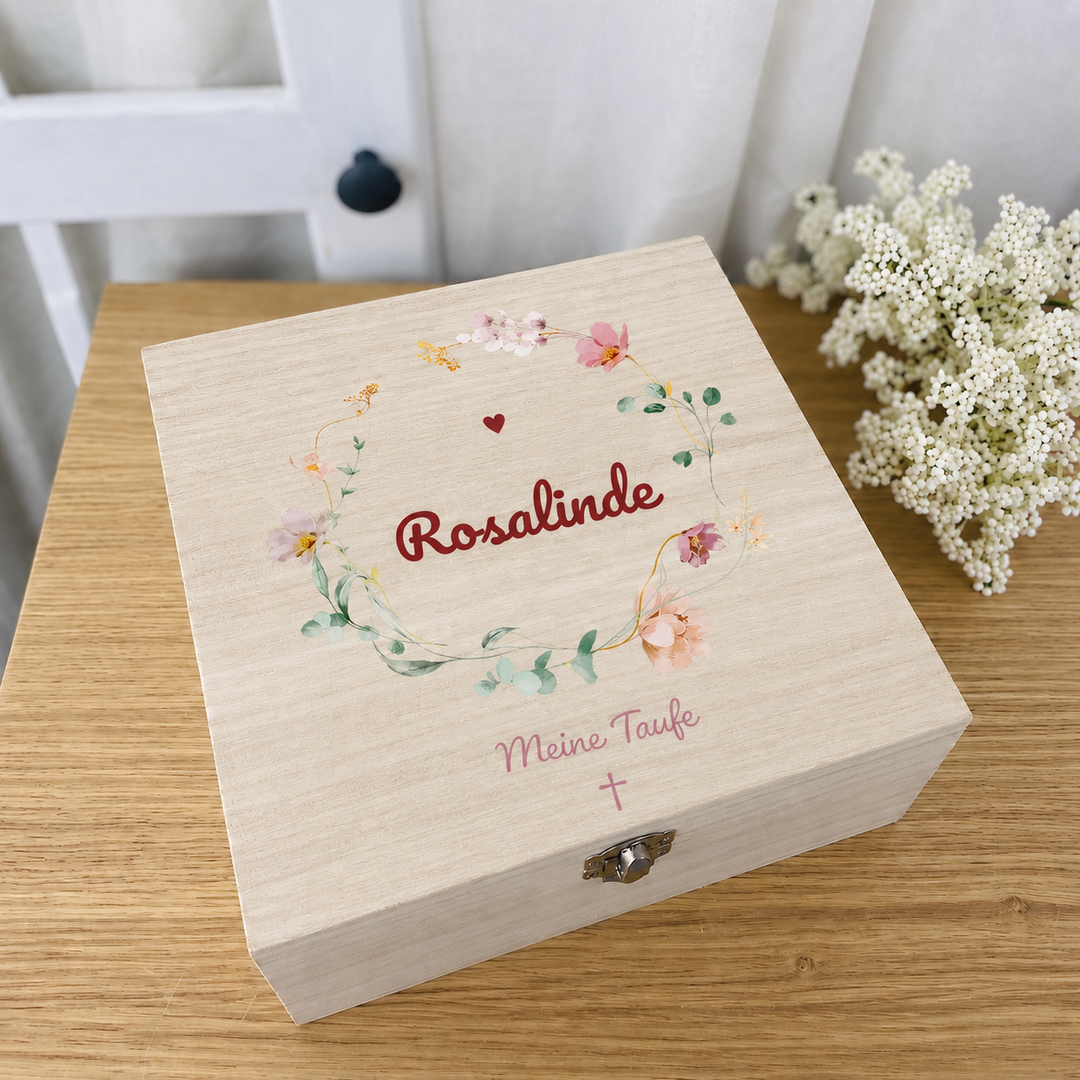 Erinnerungskiste Taufe personalisiert – Holzkiste UV-Druck mit Namen