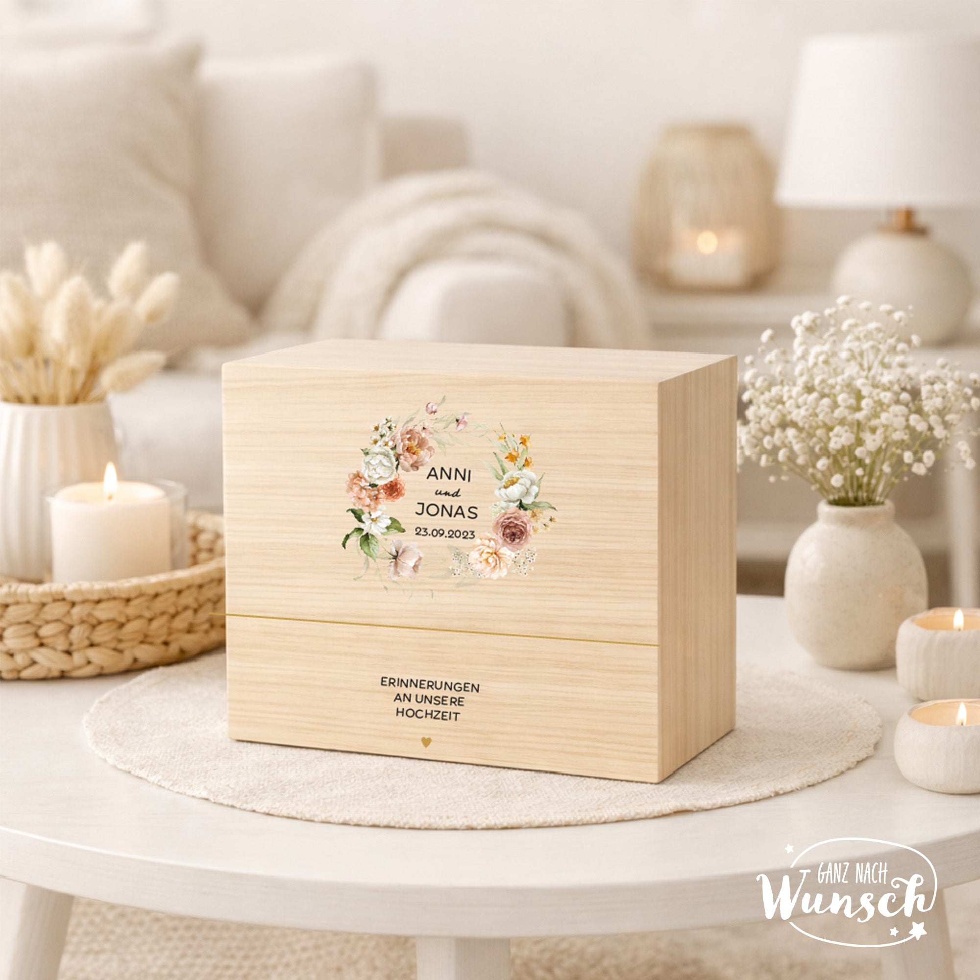 Holzkiste Hochzeit mit Blumenmotiv | Erinnerungsbox mit UV-Druck | 3 Größen | Hochzeitsgeschenk personalisiert