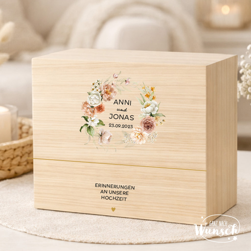 Holzkiste Hochzeit mit Blumenmotiv | Erinnerungsbox mit UV-Druck | 3 Größen | Hochzeitsgeschenk personalisiert