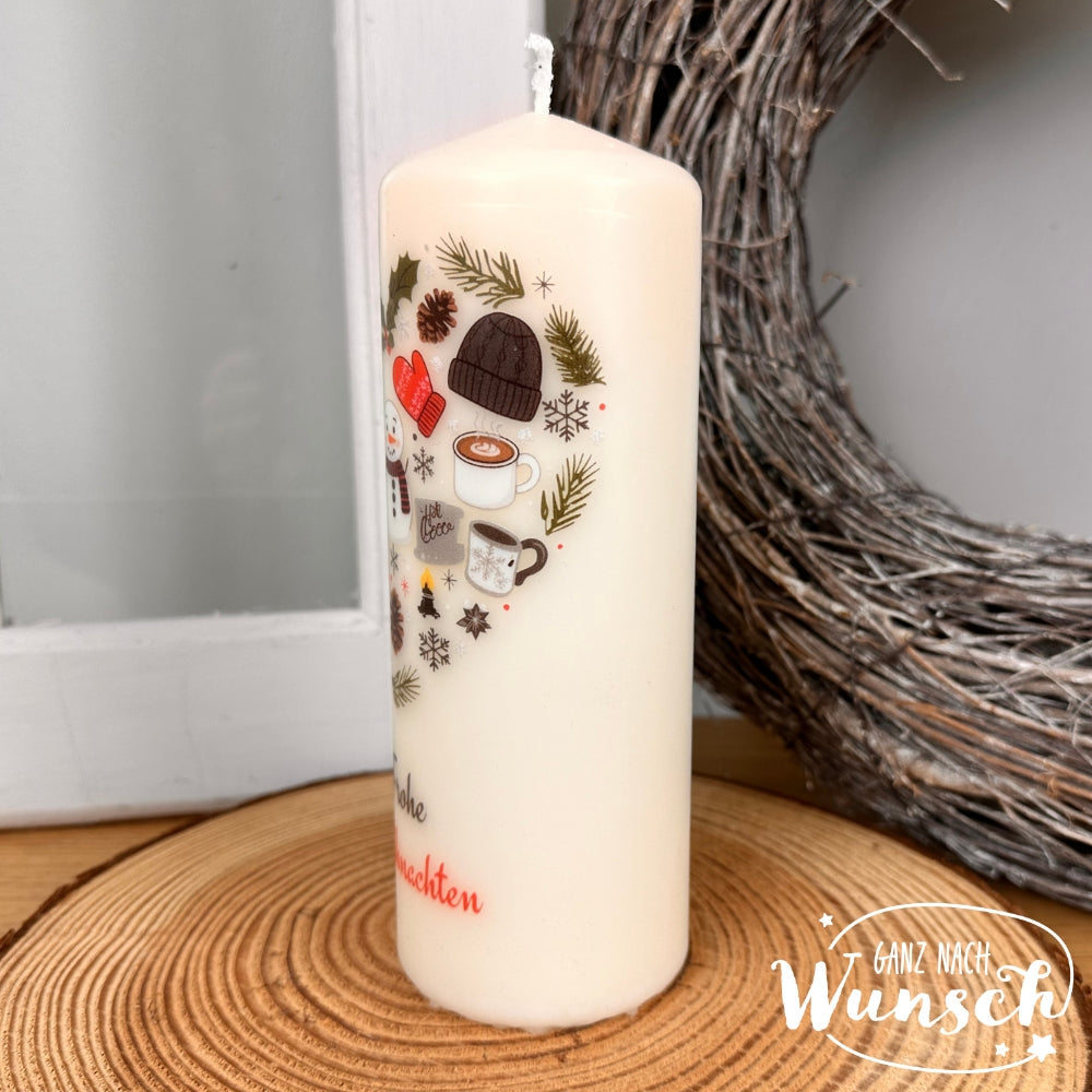 Weihnachtskerze personalisiert mit Wintermotiven und "Frohe Weihnachten" | Stumpenkerze | Weihnachtsdeko | Geschenkidee | Adventskerze | Festlich