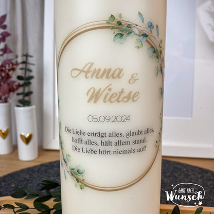 Liebe - Namen im Blätterkranz - Personalisierte Traukerze