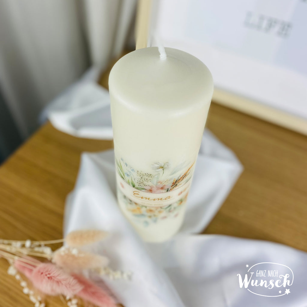 Personalisierte Kerze zur Taufe, Geburt, Konfirmation... - Blumen