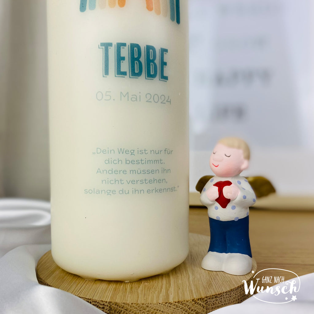 Personalisierte Kerze zur Konfirmation, Kommunion oder Taufe - Regenbogen