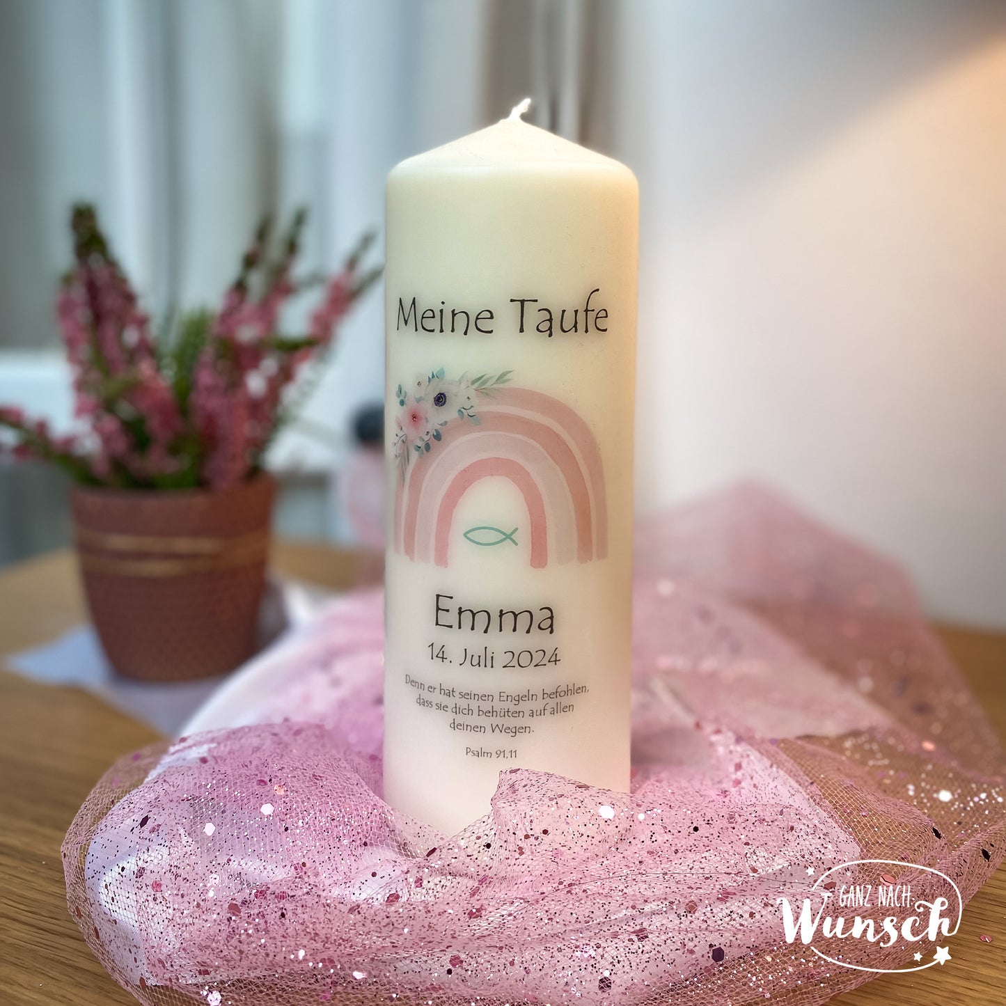 Personalisiertes Geschenk zur Taufe, Regenbogen Taufkerze mit Namen, Stumpenkerze für besonderen Anlass, personalisierte Kerze zur Taufe