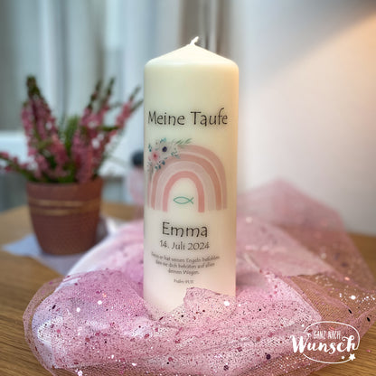 Personalisiertes Geschenk zur Taufe, Regenbogen Taufkerze mit Namen, Stumpenkerze für besonderen Anlass, personalisierte Kerze zur Taufe