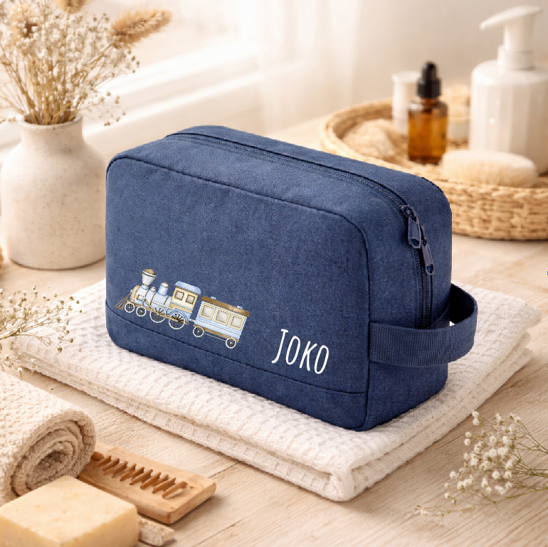 Kulturbeutel Kinder personalisiert mit Zug und Namen | Kulturtasche | Waschtasche | Geschenk für Junge | Kosmetiktasche | Lok | Geburt |Baby