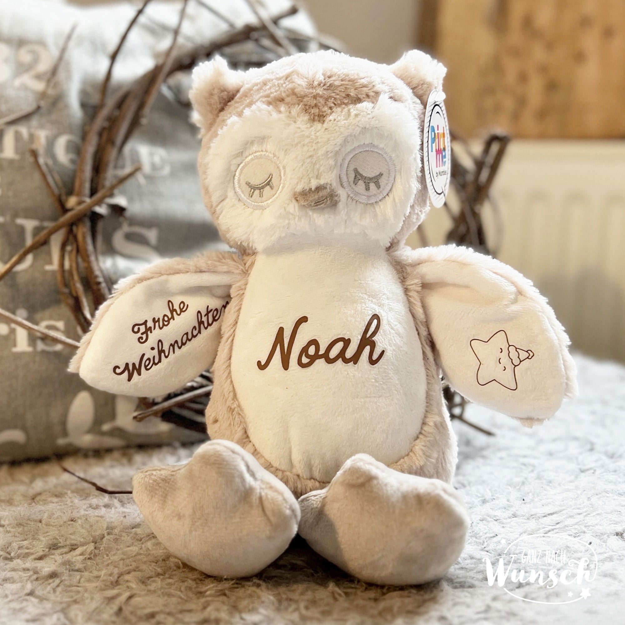 Kuscheltier mit Name l Stofftier personalisiert l Eule l hellbraun l Adventskalender l Geschenk zu Weihnachten | Geschenk Nikolaus | Rentier
