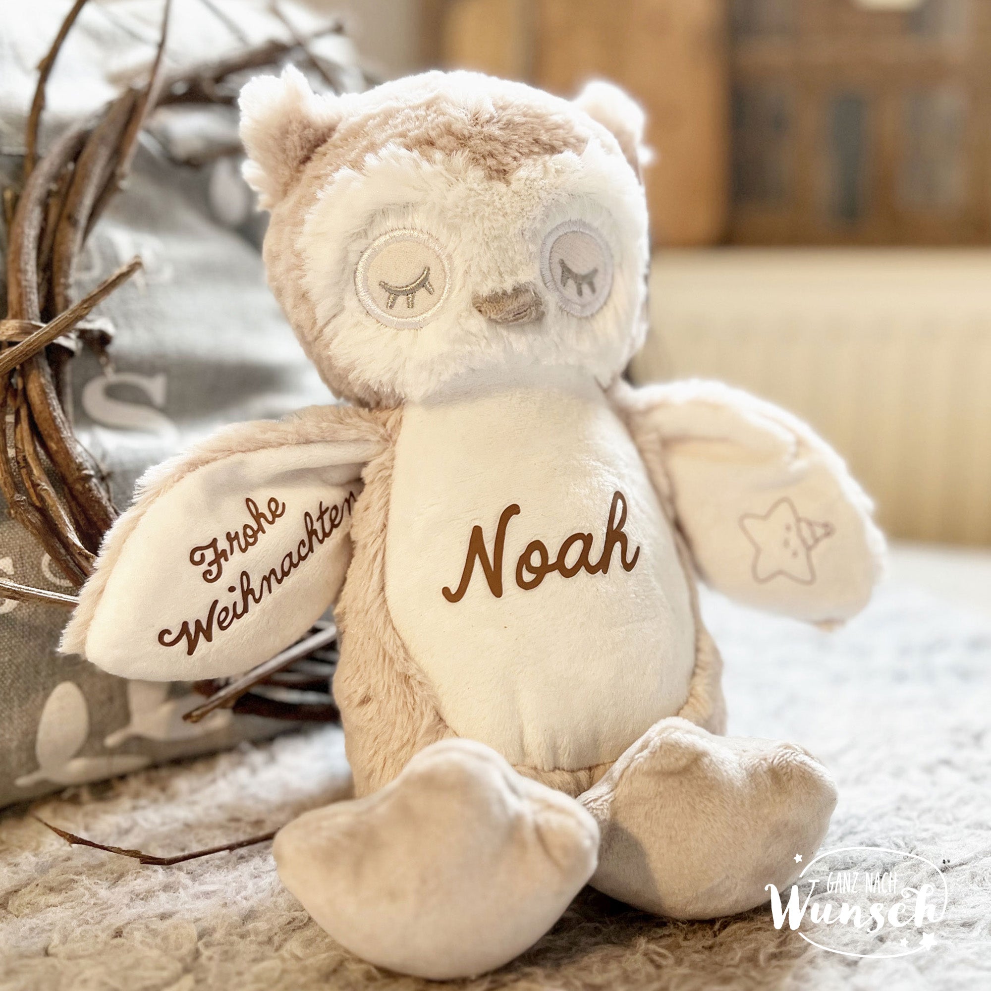 Kuscheltier mit Name l Stofftier personalisiert l Eule l hellbraun l Adventskalender l Geschenk zu Weihnachten | Geschenk Nikolaus | Rentier