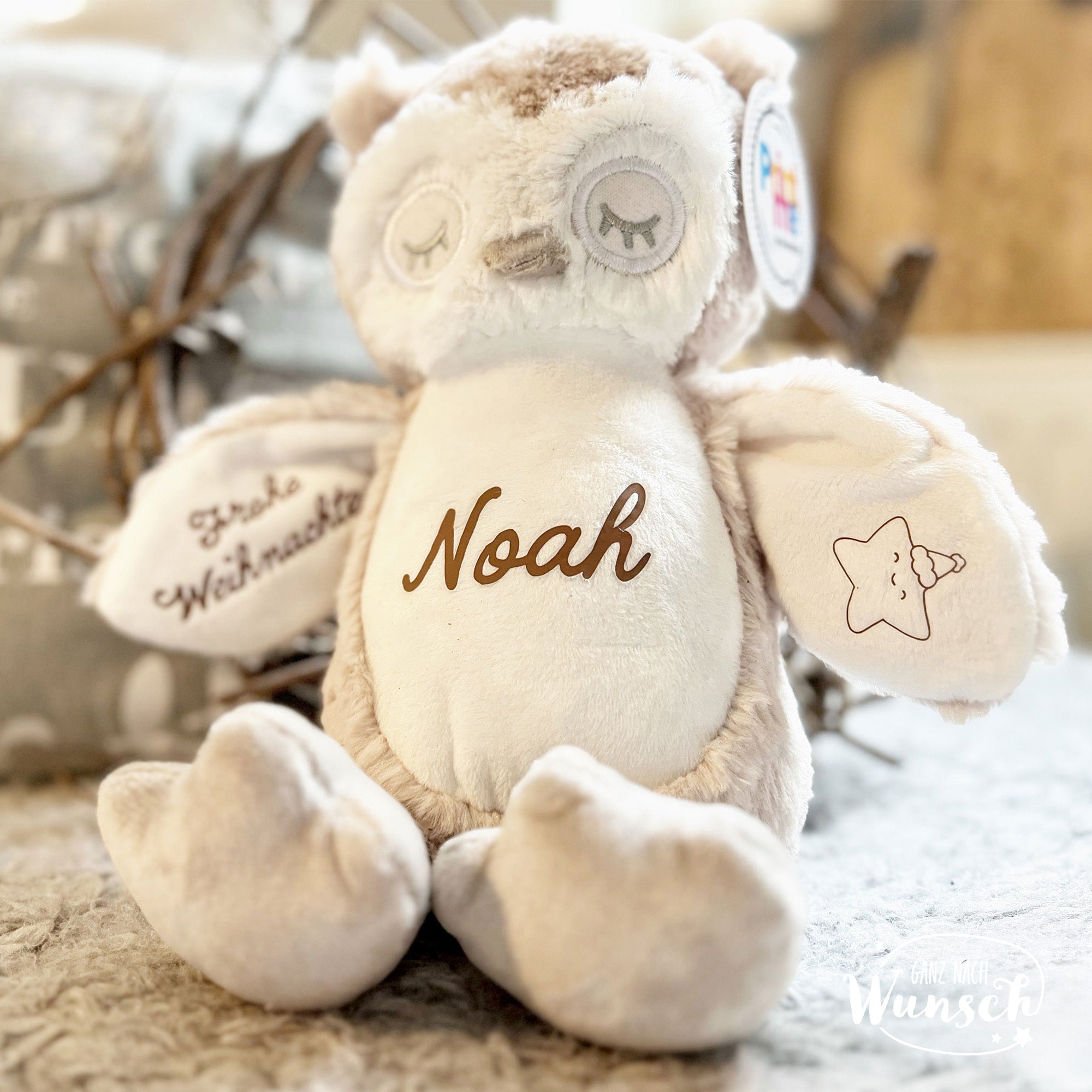 Kuscheltier mit Name l Stofftier personalisiert l Eule l hellbraun l Adventskalender l Geschenk zu Weihnachten | Geschenk Nikolaus | Rentier