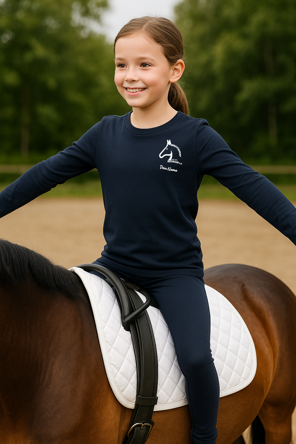 Longsleeve Kids aus Baumwolle - Navy Blau mit Vereinslogo Moorriemer Reitklub