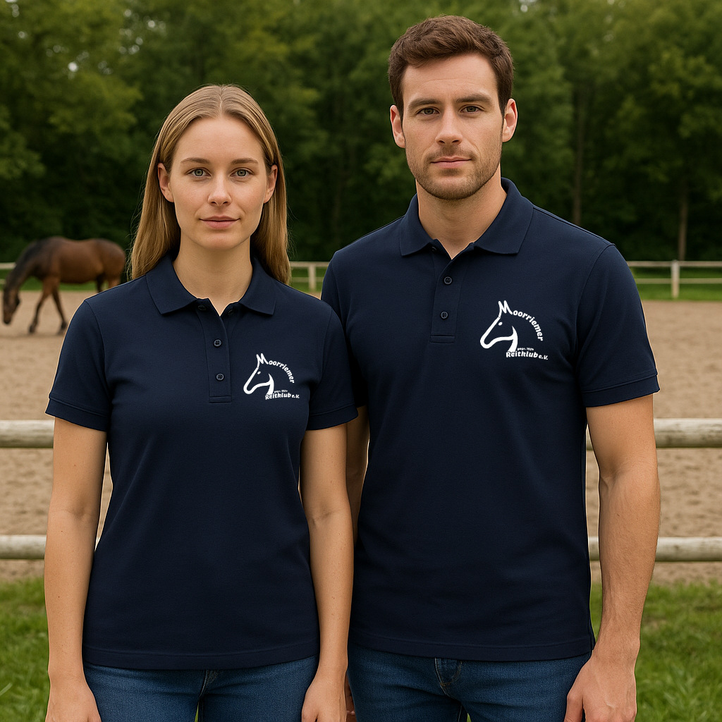 Poloshirt 100% Baumwolle - Navy Blau mit Vereinslogo Moorriemer Reitklub