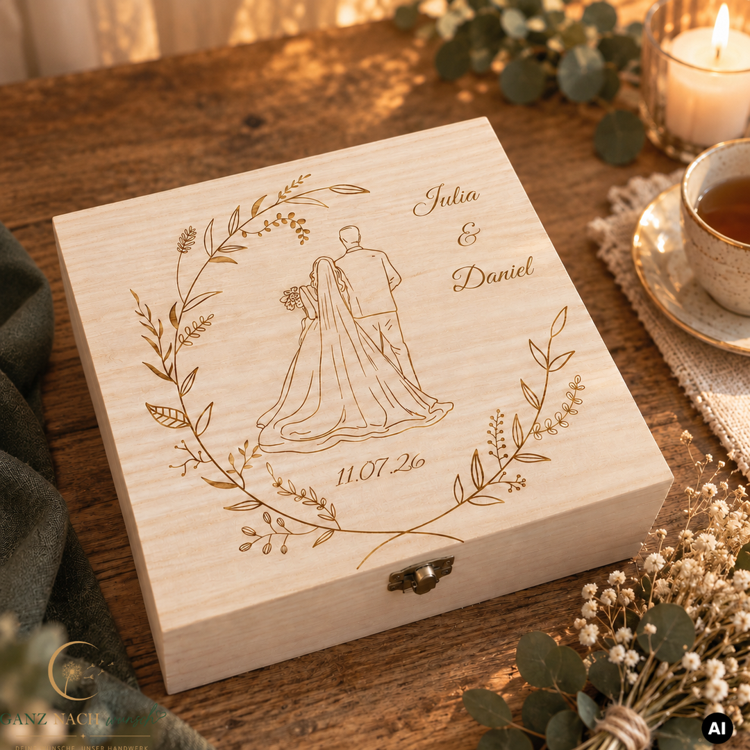 Erinnerungskiste Hochzeit personalisiert mit Namen – Holzkiste graviert