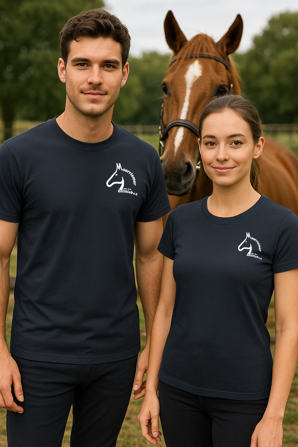 Tshirt aus Baumwolle – Navy Blau mit Vereinslogo Moorriemer Reitklub