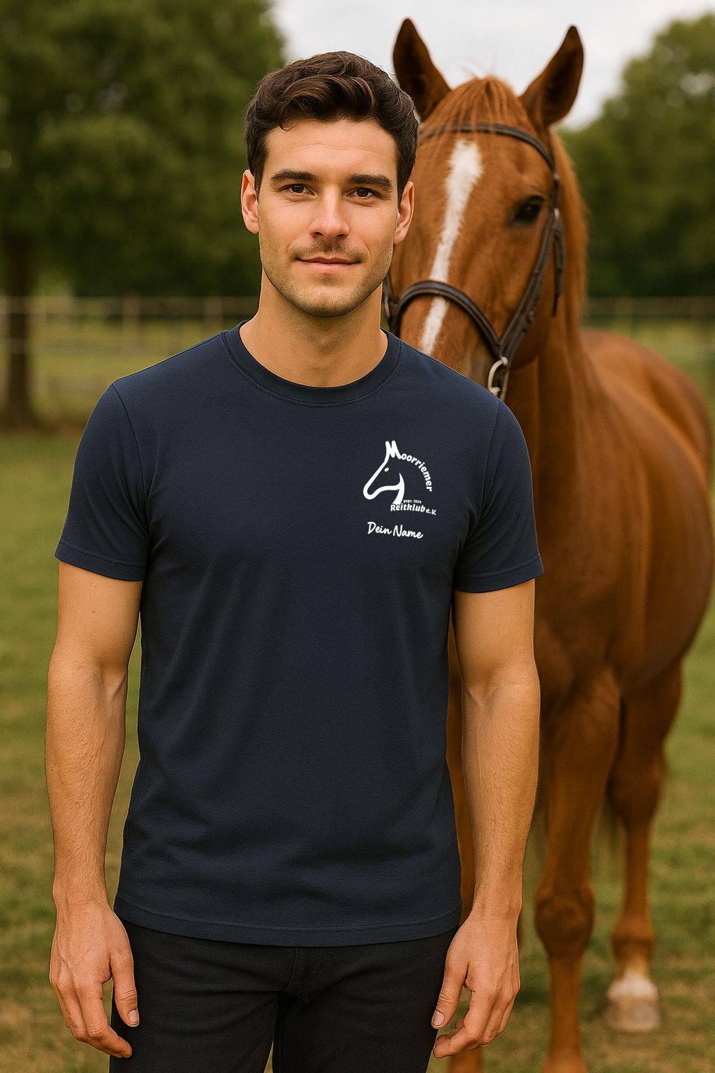 Tshirt aus Baumwolle – Navy Blau mit Vereinslogo Moorriemer Reitklub