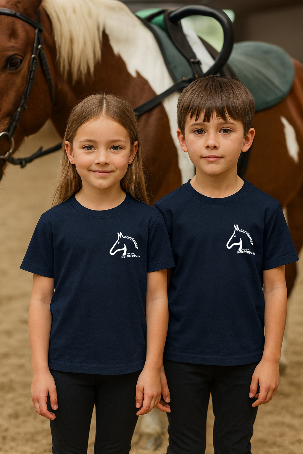 Kindershirt aus Baumwolle – Navy Blau mit Vereinslogo Moorriemer Reitklub