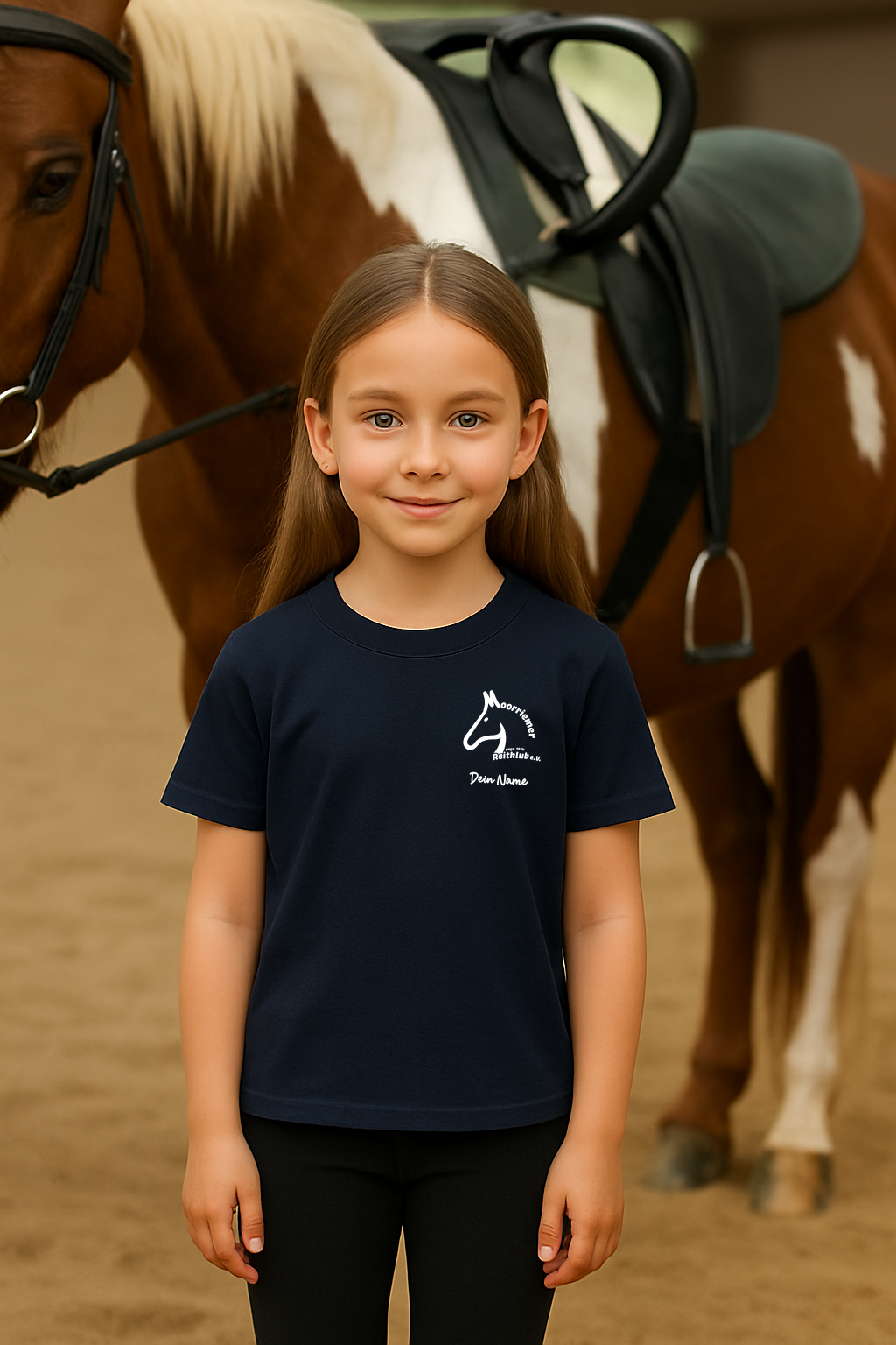 Kindershirt aus Baumwolle – Navy Blau mit Vereinslogo Moorriemer Reitklub
