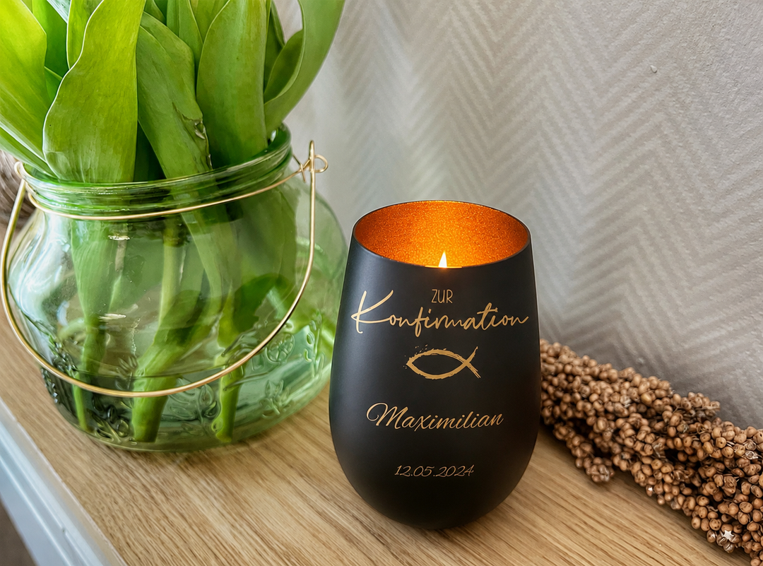 Windlicht Konfirmation personalisiert „Fisch“ | mit Namen &amp; Datum graviert | GNW