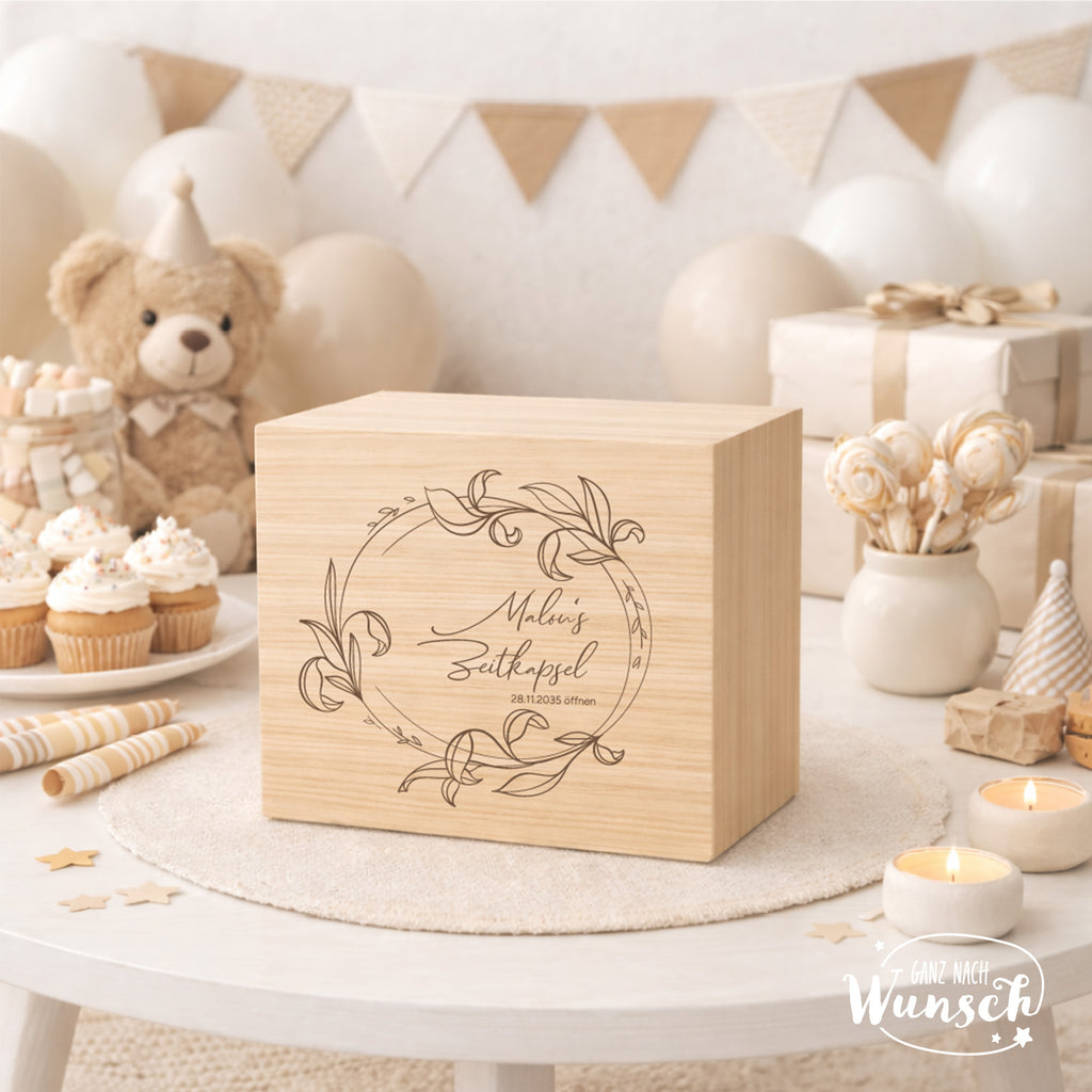 Zeitkapsel aus Holz - personalisiert mit Name & Datum | Erinnerungskiste für die Zukunft | Geschenk zur Geburt, Taufe, Einschulung