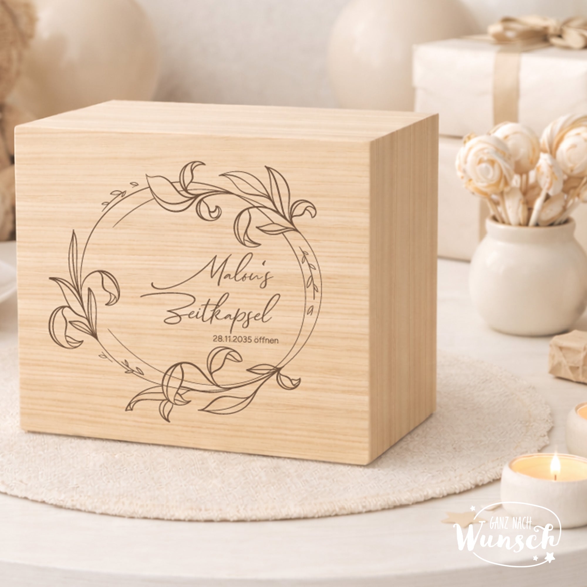 Zeitkapsel aus Holz - personalisiert mit Name & Datum | Erinnerungskiste für die Zukunft | Geschenk zur Geburt, Taufe, Einschulung