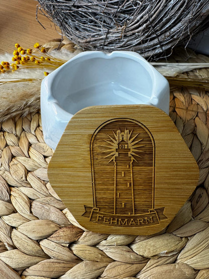 Aschenbecher mit Bambusdeckel | Keramik | Mit Gravur | 12,5 cm | Geschenk | Raucheraccessoire | Modern | Outdoor & Indoor