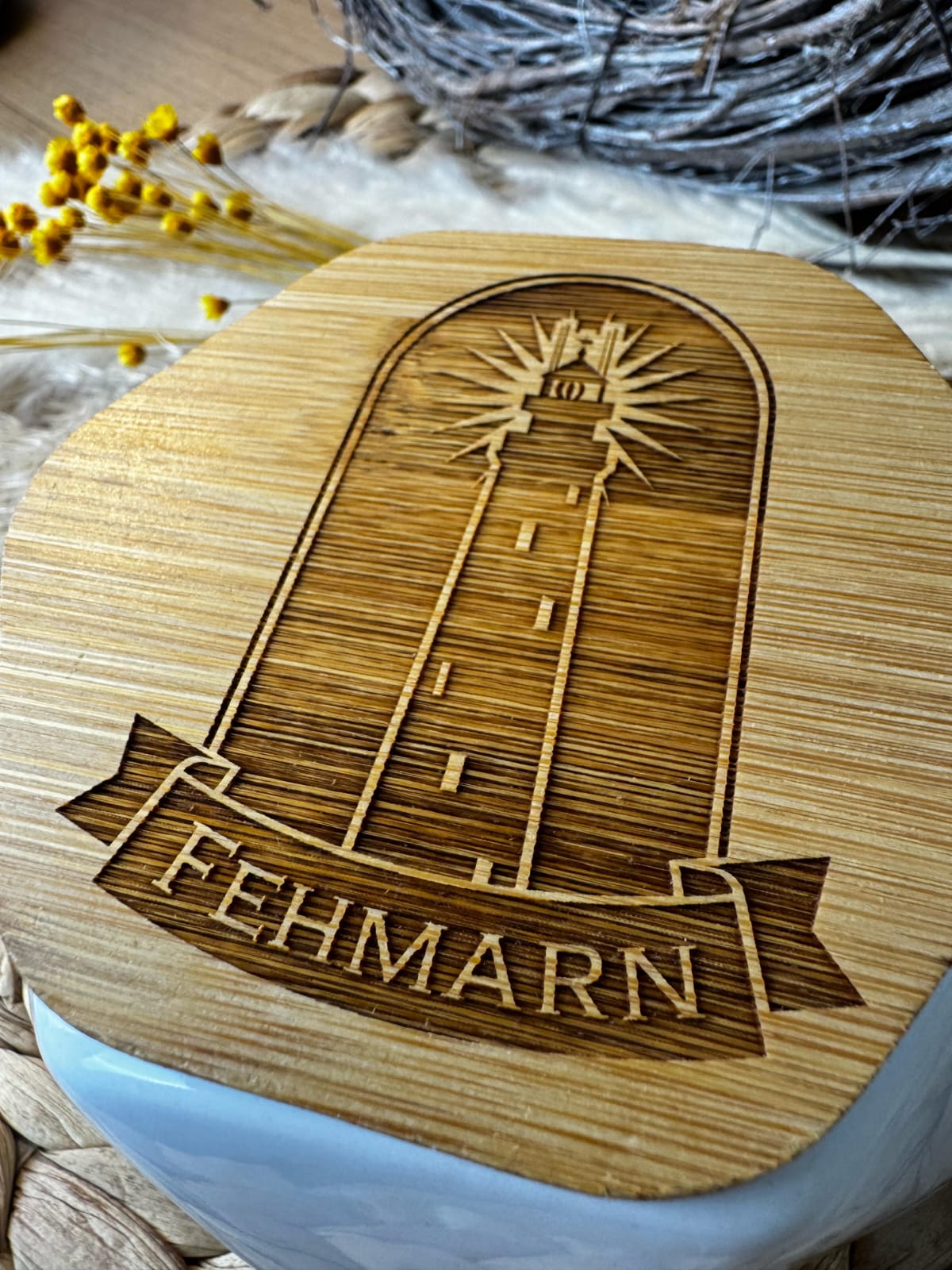 Aschenbecher mit Bambusdeckel | Keramik | Mit Gravur | 12,5 cm | Geschenk | Raucheraccessoire | Modern | Outdoor & Indoor