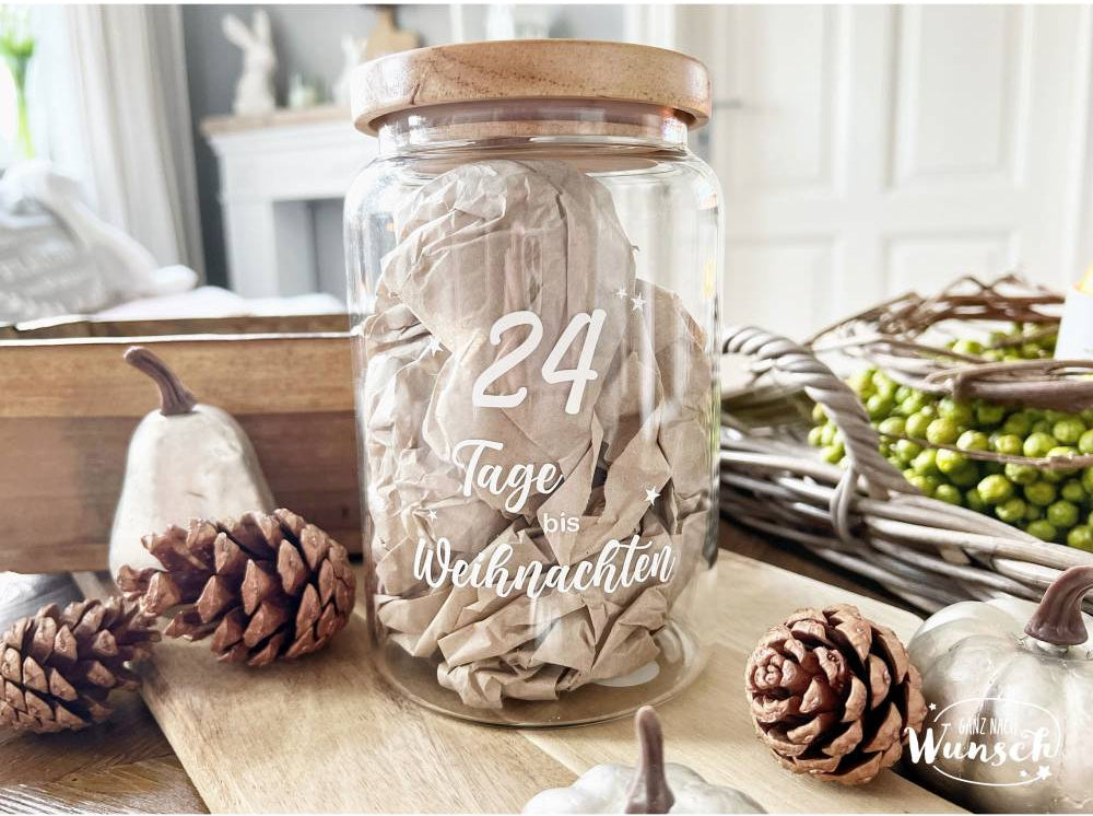 Adventskalender-Glas 24 Tage bis Weihnachten mit Namen zum Selbstbefüllen