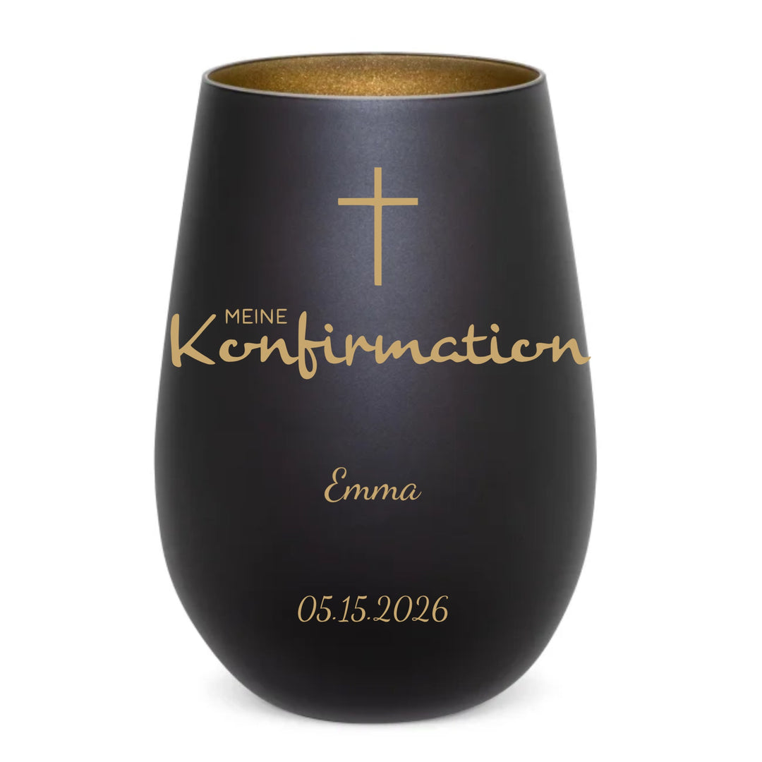 Windlicht Konfirmation personalisiert „Kreuz" | mit Namen &amp; Datum graviert | GNW
