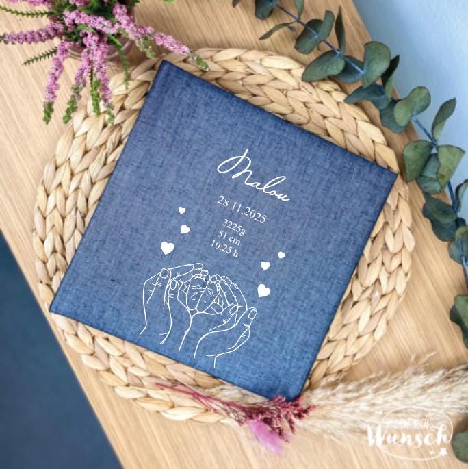 Personalisiertes Babyalbum mit Leinen-Einband – Fotoalbum zur Geburt mit Namen