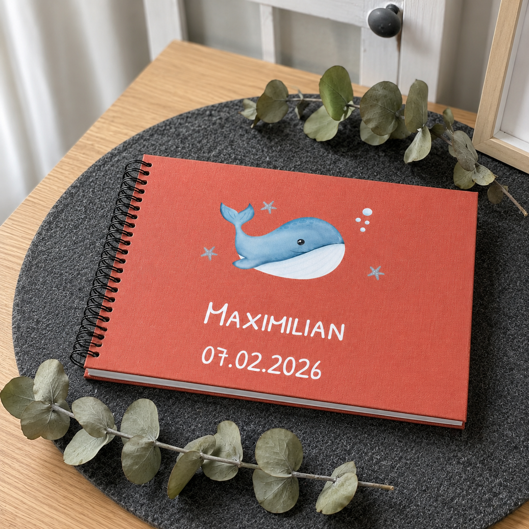 Babyalbum personalisiert mit Wal – Spiralalbum 20x20 mit Namen & Geburtsdatum