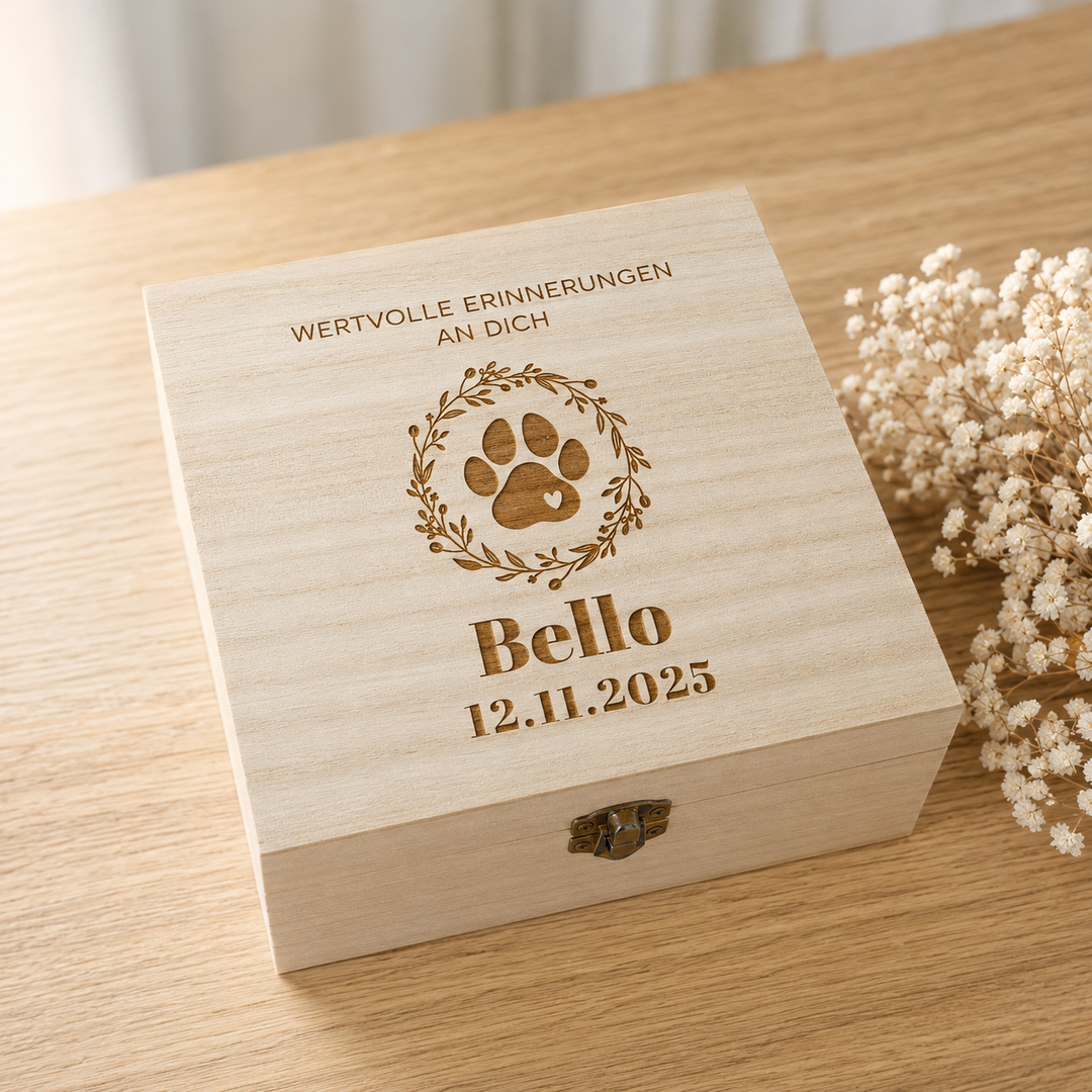 Erinnerungsbox Haustier personalisiert – Holzkiste mit Namen &amp; Datum