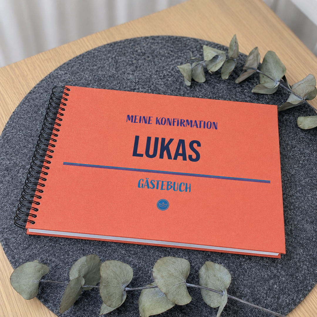 Gästebuch Konfirmation personalisiert Blau – Spiralbuch 20x20 mit Namen