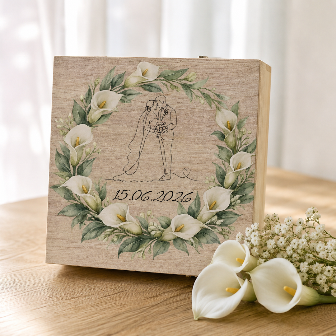 Holzkiste Hochzeit personalisiert mit UV-Druck – Namen &amp; Datum