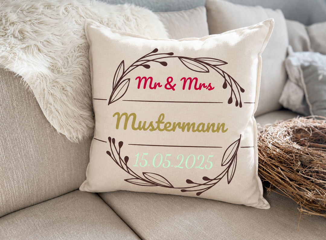 Kissen Hochzeit personalisiert „Mr & Mrs“ – mit Namen & Datum