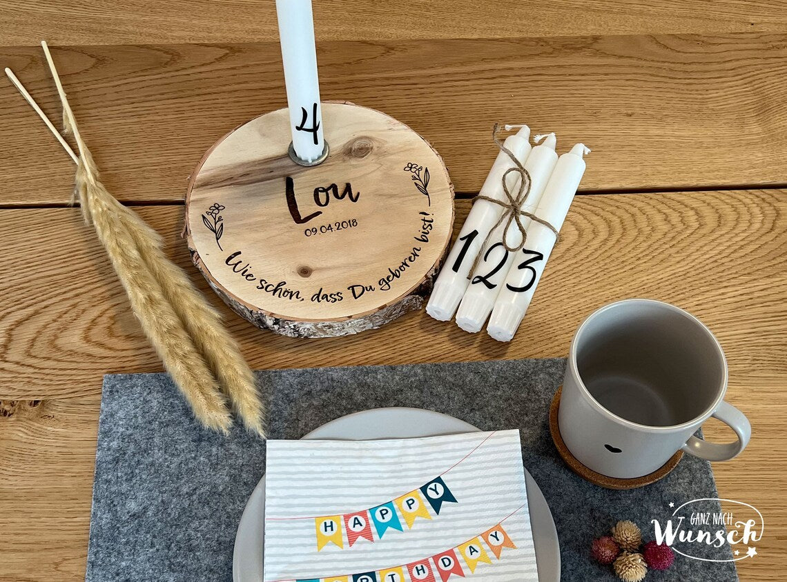 Geburtstagskerze personalisiert | Baumscheibe | Geburtstag | Lebenskerze | Geburtstagsbrett
