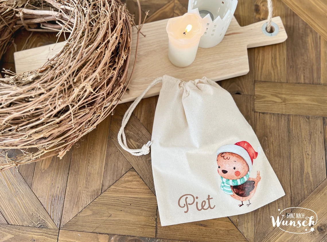 Weihnachten - Vogel mit Mütze und Schal - Bedrucktes Säckchen