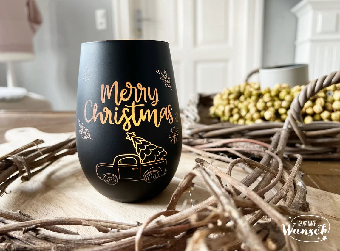 Windlicht | Gravur | Kristallglas | Merry Christmas | Vase | Weihnachten | Kerzenhalter | Advent | Tannenbaum