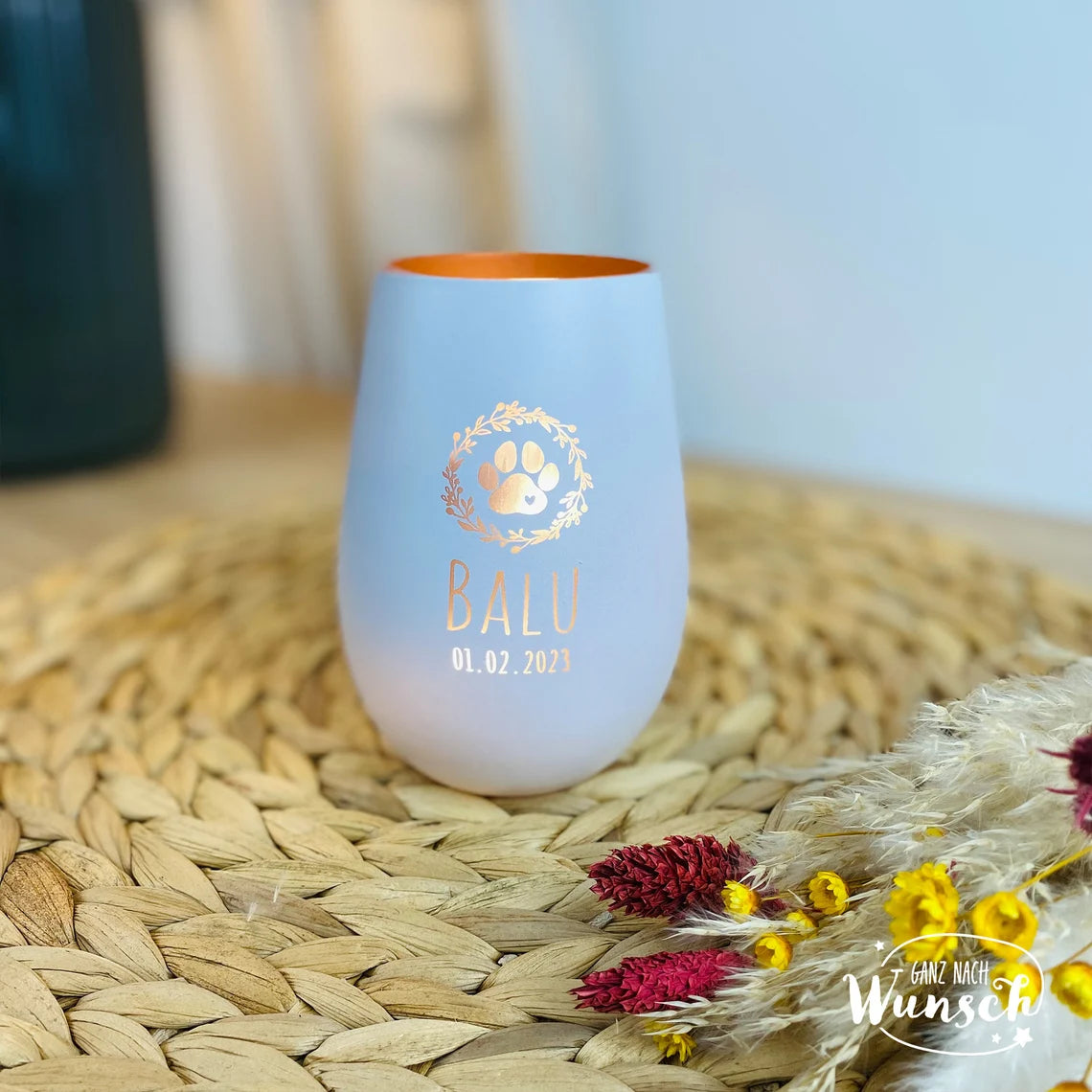 Personalisiertes Windlicht | Gravur | Kristallglas | Trauerlicht | Vase | Hund | Trauer | Erinnerung | Gedenklicht | Katze